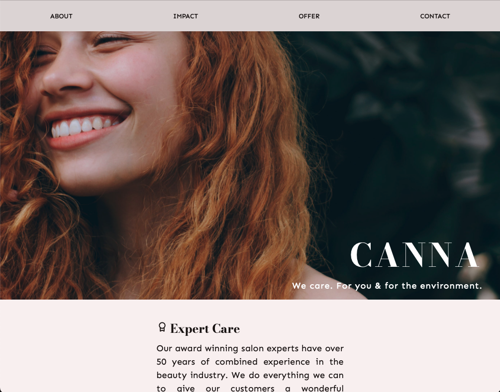 Screenshot of hair salon website with photo of personal smiling with long red hair