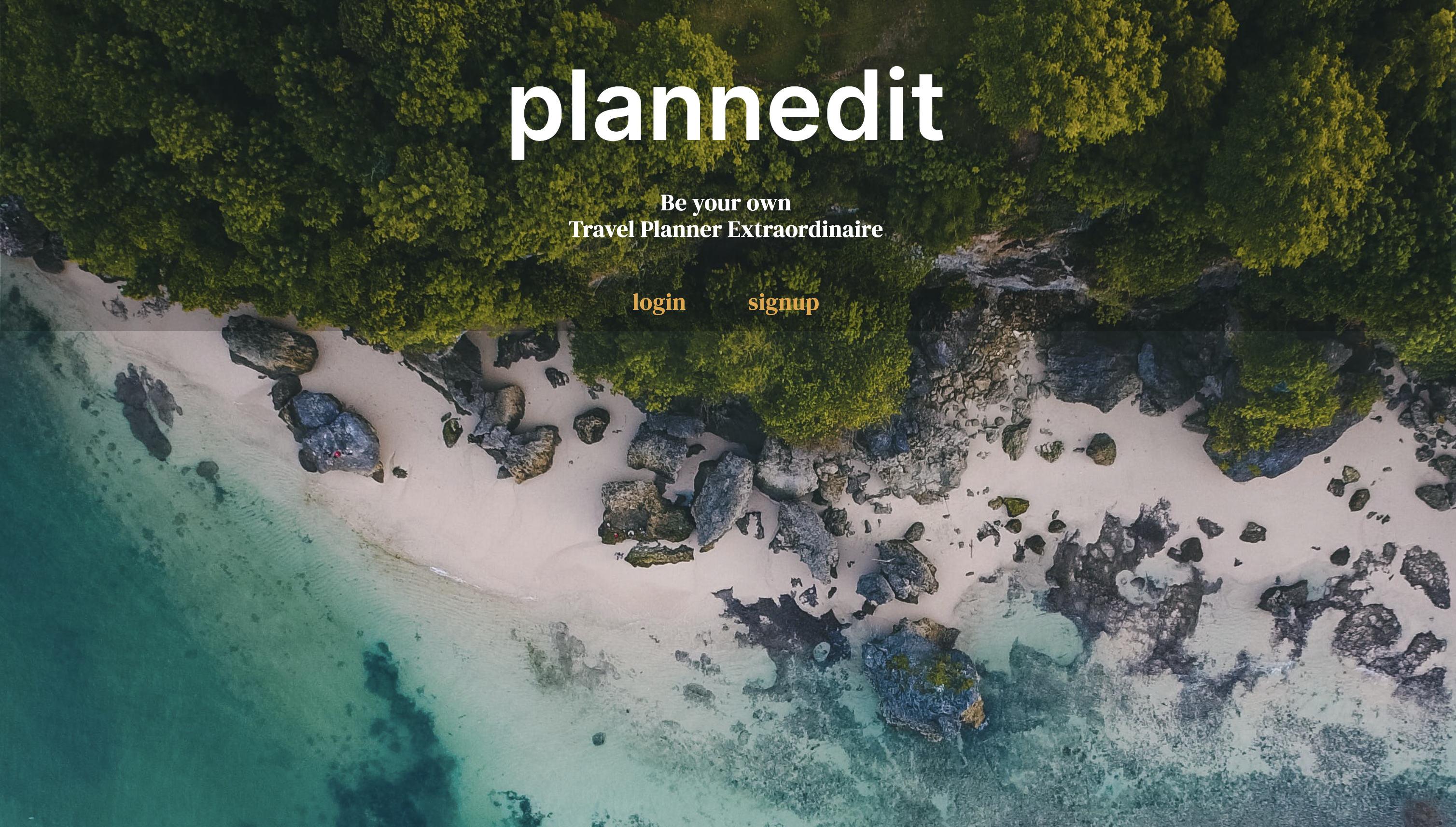 Screenshot of travel planning website with aerial photo of ocean and green forested land